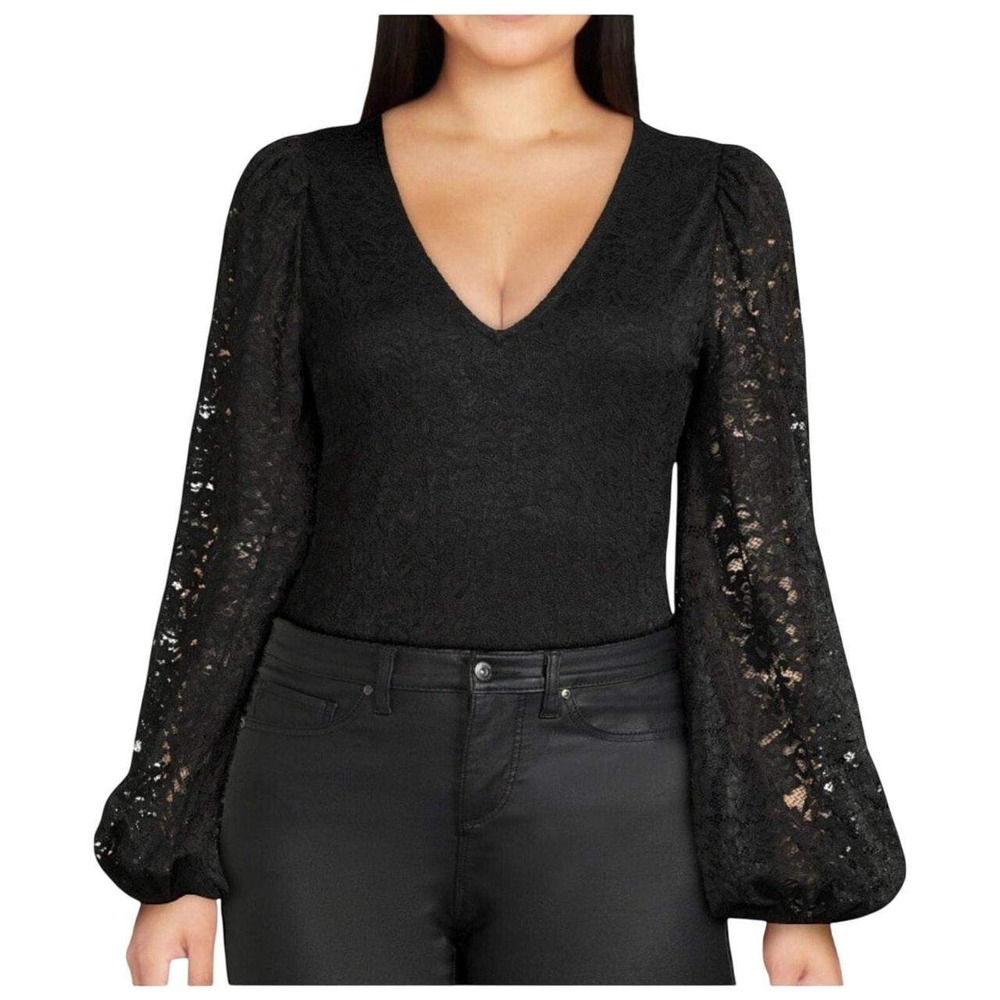 Black Lace V Neck Balloon Sleeve Bodysuit XL Whimsigoth Gothic Dark Coquette EUC